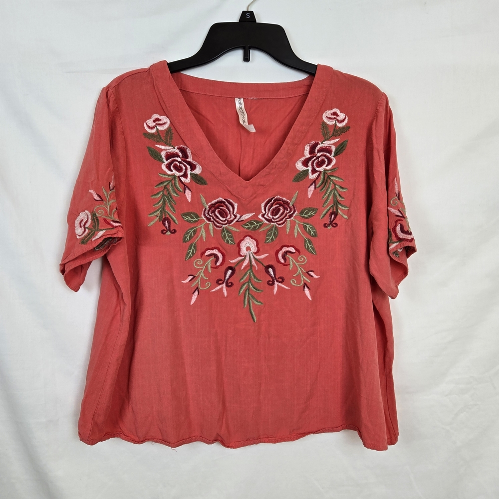 Forgotten Grace Womens Coral Orange Floral Embroidered Short Sleeve Blouse Large